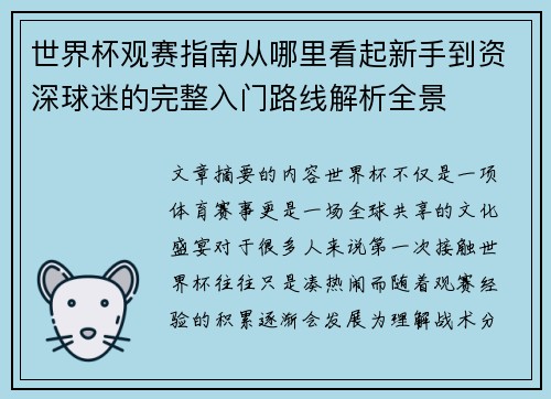 世界杯观赛指南从哪里看起新手到资深球迷的完整入门路线解析全景 世界杯观赛指南从哪里看起新手到资深球迷的完整入门路线解析全景